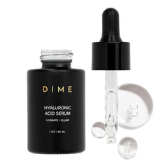 DIME Beauty hyaluronic acid serum bottle shown for daily hydration.
