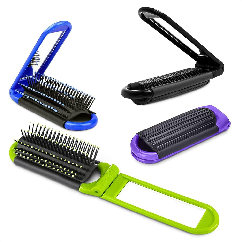 DIMROM blue folding travel hair brush with mirror for quick touch-ups on the go