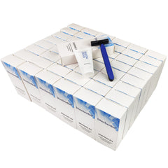 DincherBel shave kit bulk packaging shows 50 individually wrapped sets for hotel stocking.