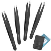 Diodiva 4-pack tweezers in a black case for on-the-go grooming