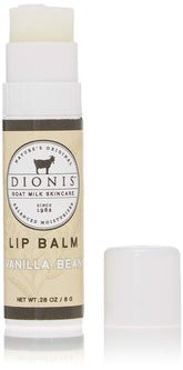 Balsamo labial de Dionis leche cabra vainilla en tubo, hidratación suave.