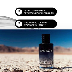 Dior Sauvage mini EDT front view bottle, classic amber hue and iconic silhouette