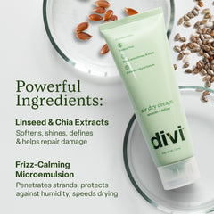 Divi Air Dry Styling Cream on hair waves before shows frizz control.