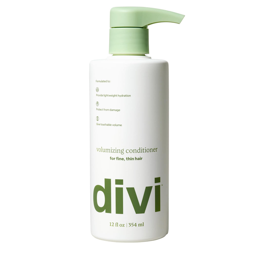 Divi Volumizing Conditioner bottle closeup showing lightweight hydration for fine hair.