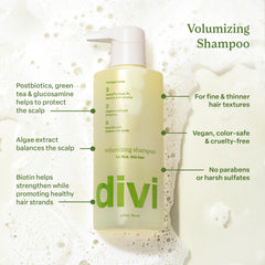 Divi Volumizing Shampoo bottle pour showing precise dosage for cleansing.