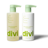 Divi volumizing shampoo bottle promotes lightweight lift for fine hair.