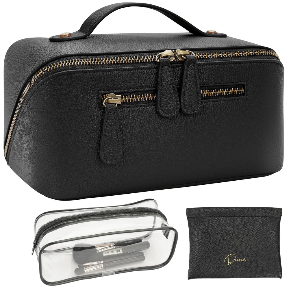Divvia 3-piece makeup bag set opened flat for easy access to cosmetics.