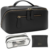 Divvia 3-piece makeup bag set opened flat for easy access to cosmetics.