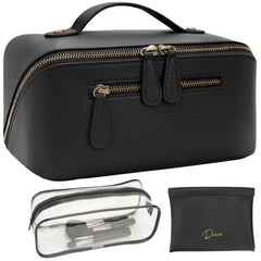 Divvia 3-piece makeup bag set opened flat for easy access to cosmetics.