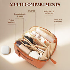 Divvia Travel Makeup Bag with divider compartments keeps cosmetics neatly separated during travel.