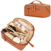 Divvia Travel Makeup Bag opened flat shows organized compartments for quick on-the-go access.