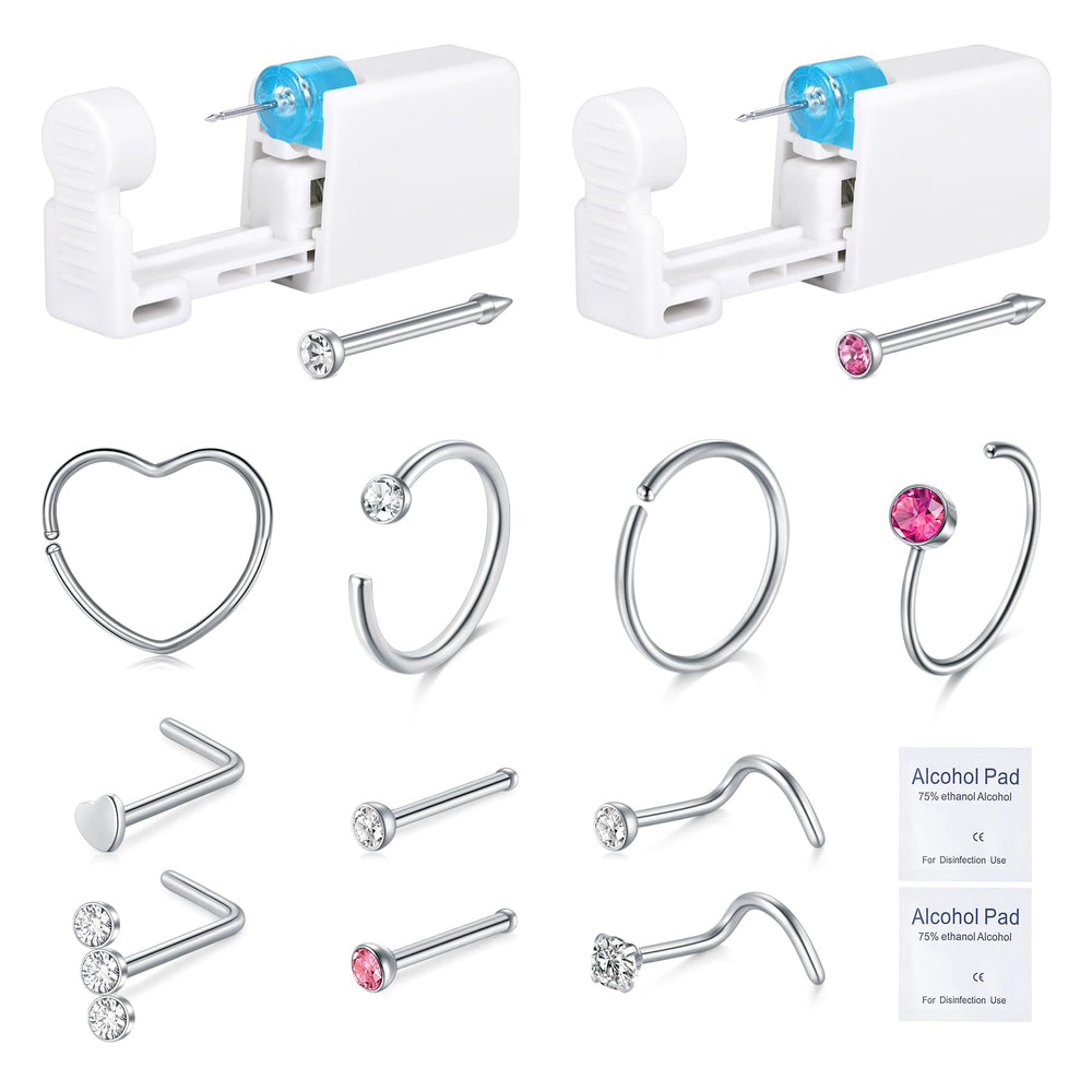 DJCIW nose piercing kit gun with white CZ stud for at-home piercing.