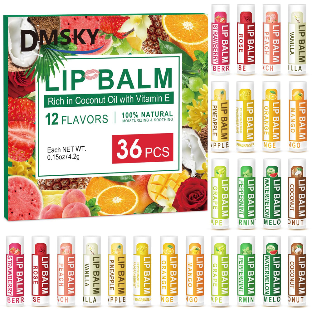 Bálsamo labial DMSKY 36 unidades; pack general que muestra la variedad de sabores para uso diario.