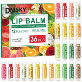 Bálsamo labial DMSKY 36 unidades; pack general que muestra la variedad de sabores para uso diario.