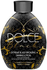 Dolce Black Bronzer Lotion bottle shows a deep natural glow for indoor and outdoor tanning.