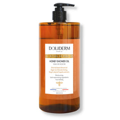 Doliderm Paris Honey Shower Oil bottle shows luxurious hydration for the skin.