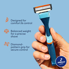 Balanced-weight design on the Dollar Shave Club blue handle for precise shaving.