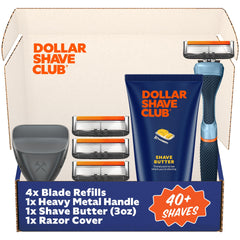 Dollar Shave Club member-exclusive shave set with blue handle for an ergonomic grip.