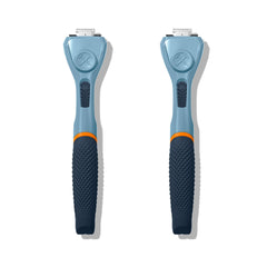 Dollar Shave Club blue razor handle 2-pack for easy replacements.