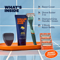 Dollar Shave Club Swift Rinse 4-blade razor close-up enabling easy rinse and smooth shaving.