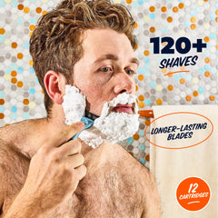Swift Rinse blades pack on sink for quick grooming swaps with Dollar Shave Club