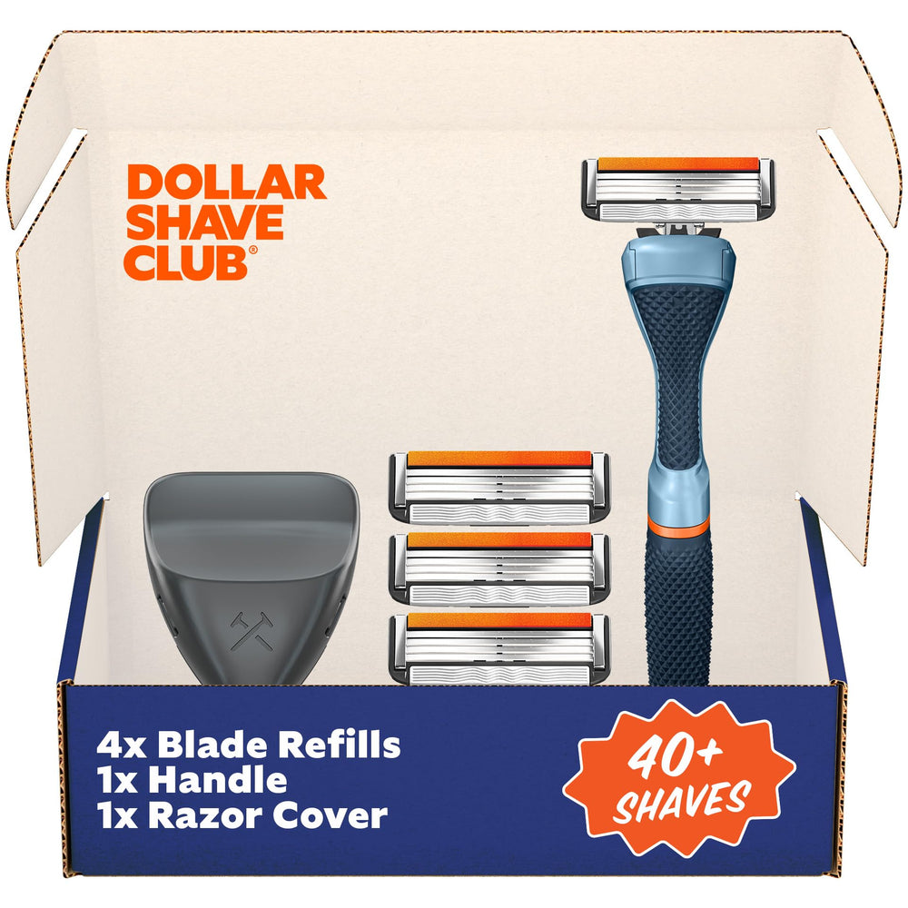 Dollar Shave Club travel shave set with blue handle for precise on-the-go grooming