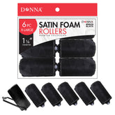 Donna Silky Satin Foam Rollers in black, packaged for gentle heatless styling.