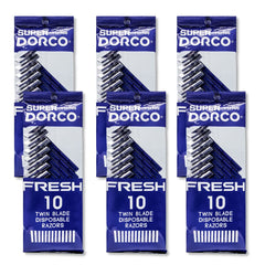Dorco Fresh Twin Blade razor blue pack close-up showing smooth shave.