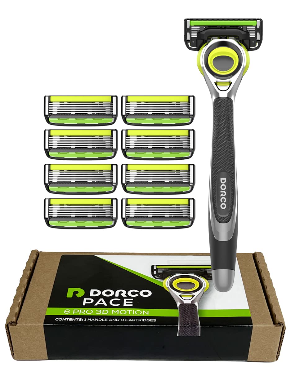Dorco Pace 6 Pro 3D Motion razor head close-up showing flexible blades for smooth shave.