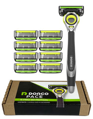 Dorco Pace 6 Pro 3D Motion razor head close-up showing flexible blades for smooth shave.