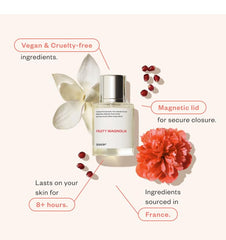 Dossier Fruity Magnolia cap closeup showing elegant branding and soft floral vibe.