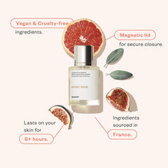 Dossier Woody Sage bottle closeup highlighting long-lasting fragrance cues.