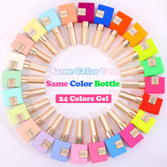 Uniform 15 ml bottles house 24 gel polishes for consistent color across nails.