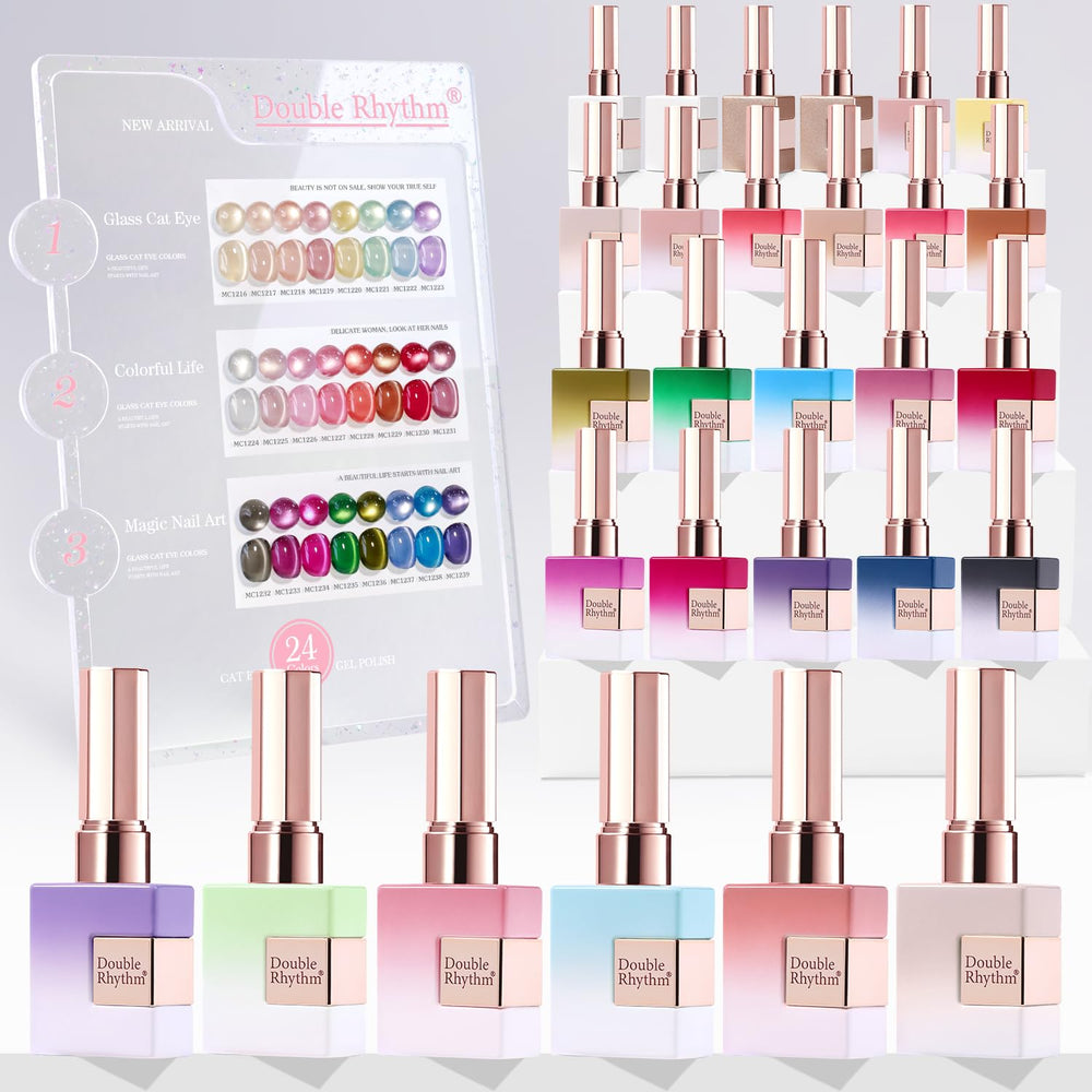 Double Rhythm 28Pcs cat eye gel polishes in glass bottles for at-home manicures.