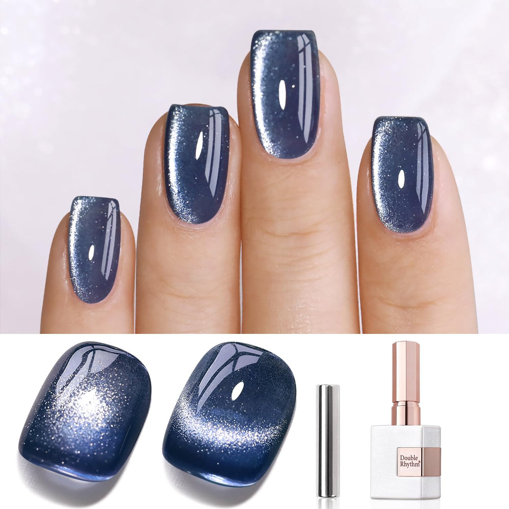 Esmalte gel Double Rhythm con efecto ojo de gato azul oscuro para uñas.