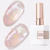 Double Rhythm gel rosa brillo glitter para uñas con acabado deslumbrante.