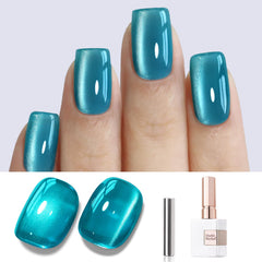Double Rhythm jelly glass cat-eye teal polish showing magnetic glow on nails