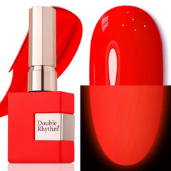 Double Rhythm Neon Red A1422 gel polish bottle ready for application, vibrant color.