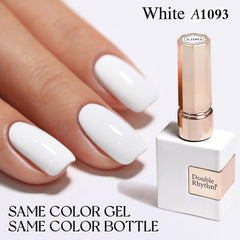 Double Rhythm sheer white gel swatch on nail for versatile wear