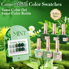 Double Rhythm sage green gel polish bottle highlighting rich pigment for DIY manicures
