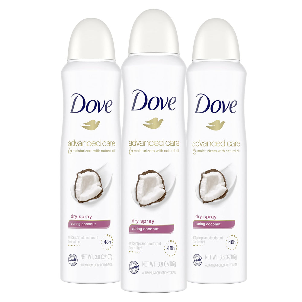 Dove Advanced Care Caring Coconut dry spray packaging shown for display and easy everyday use.