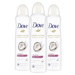 Dove Advanced Care Caring Coconut dry spray packaging shown for display and easy everyday use.