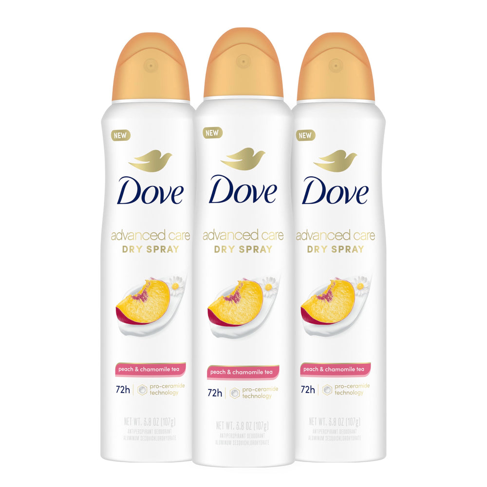 Desodorante Dove Advanced Care en spray, aroma durazno y manzanilla para uso diario.