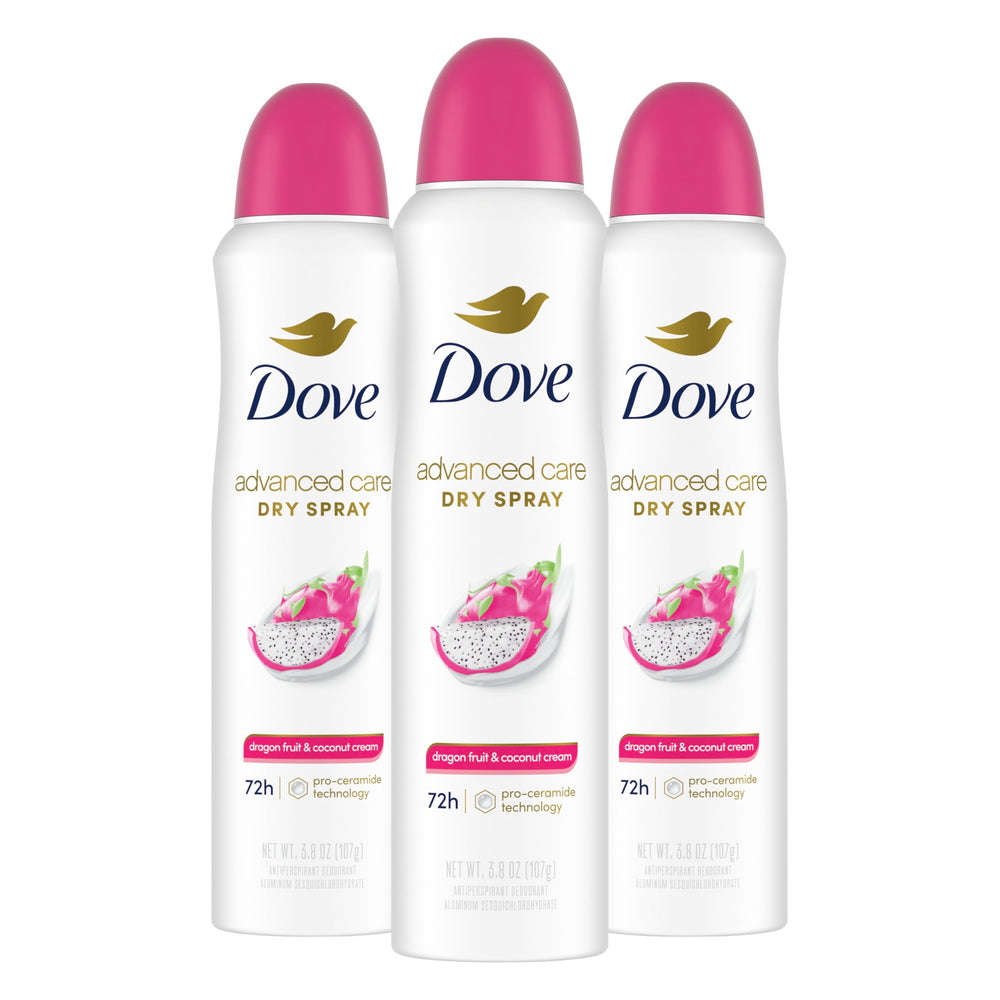 Dove Advanced Care Dragon Fruit and Coconut Cream dry spray box front view for a 3-pack, long-lasting protection.