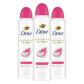 Dove Advanced Care Dragon Fruit and Coconut Cream dry spray box front view for a 3-pack, long-lasting protection.