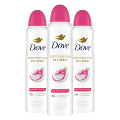 Dove Advanced Care Dragon Fruit and Coconut Cream dry spray box front view for a 3-pack, long-lasting protection.