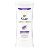 Dove Advanced Care Lavender Fresh Stick shown with focus on the calming lavender scent and long-lasting protection.