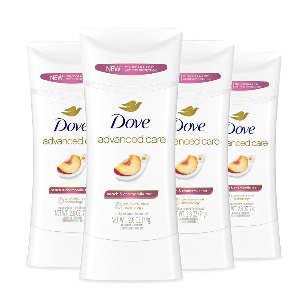 Dove Advanced Care Peach & Chamomile Tea deodorant stick with peach scent and skin protection.