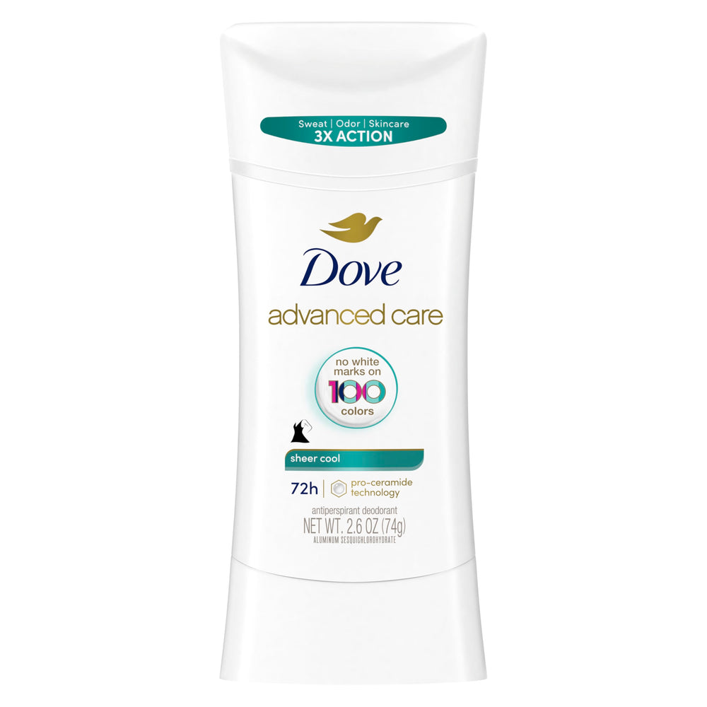 Dove Advanced Care Sheer Cool bottle closeup showing invisible protection for all-day freshness