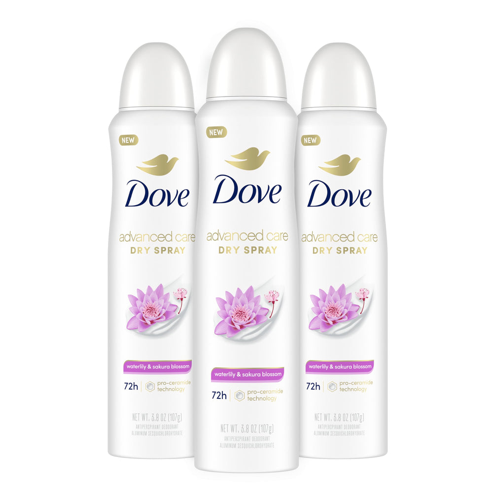 Dove Advanced Care Waterlily Sakura Blossom bottle on display, moisturizes skin.